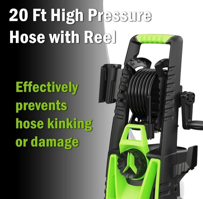 Electricel, Electric Pressure Washer 1700PSI Power Washer With Hose Reel, Foam Cannon, Green