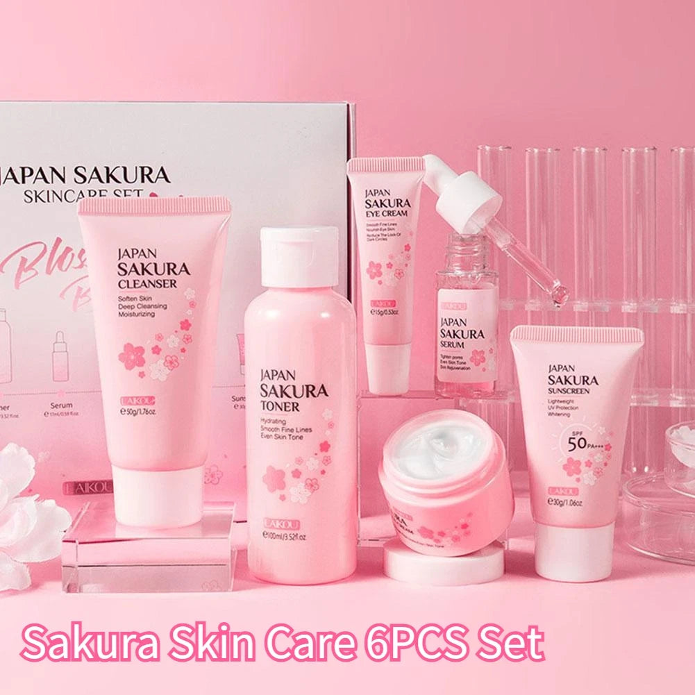 6Pcs/Set Sakura Skin Care Sets Face Cream Serum Toner Facial Cleanser Sunscreen